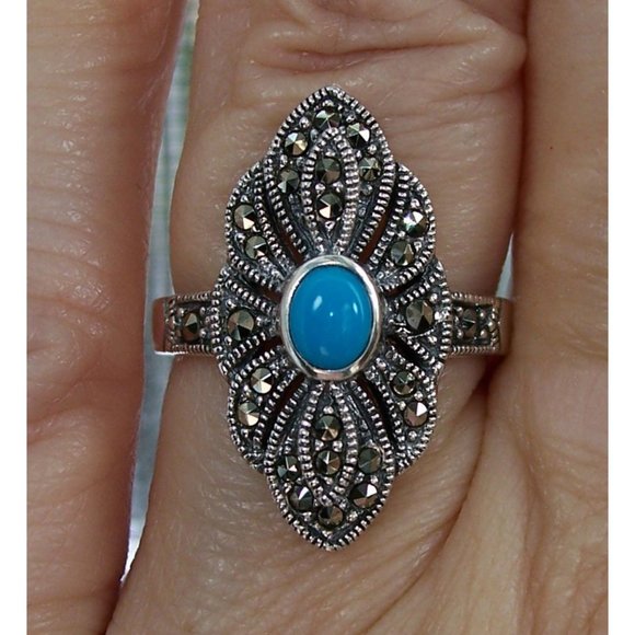 925 STERLING SILVER Simulated Turquoise Marcasite Ring - Picture 3 of 15